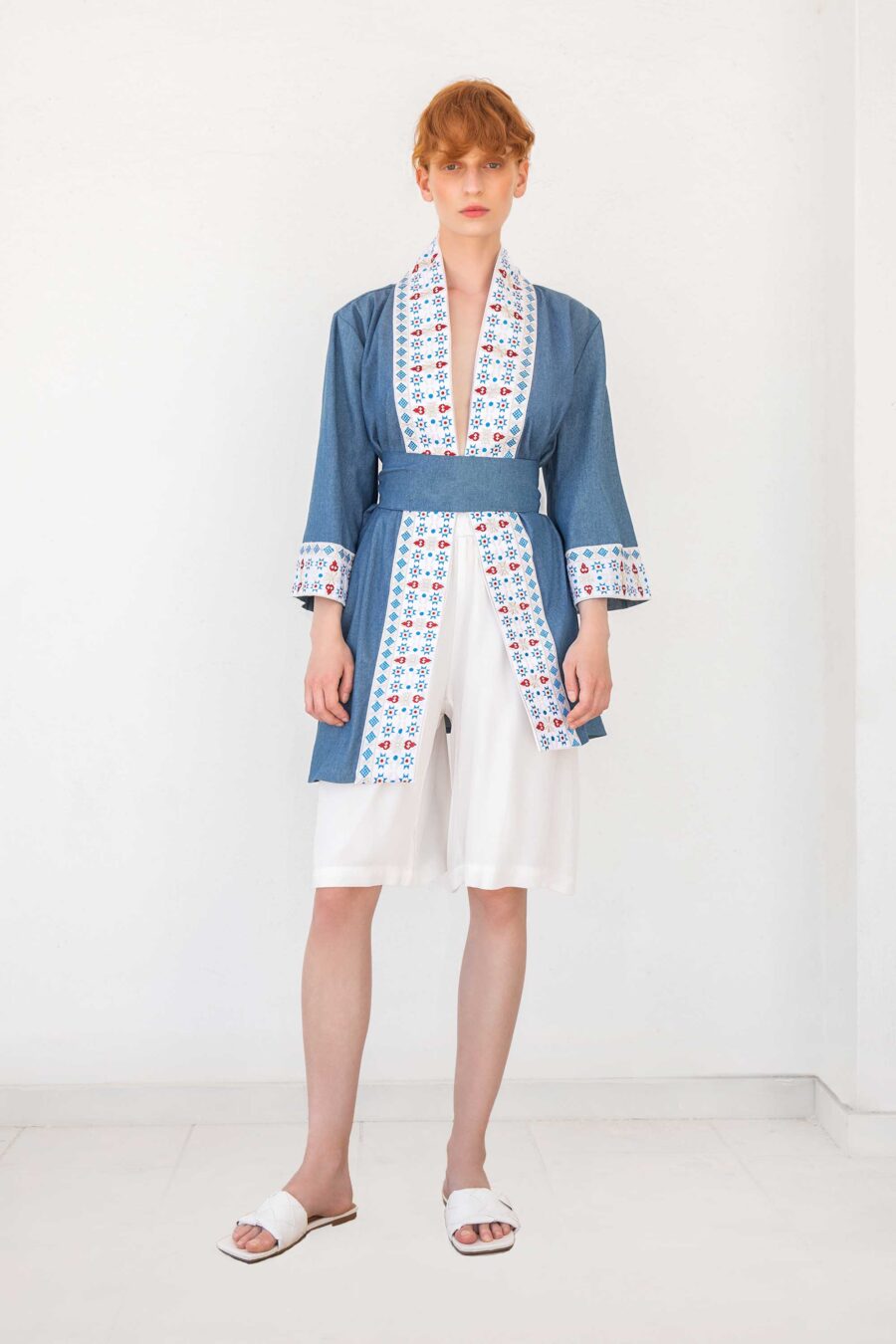 Embroidery Jeans Kimono with belt short